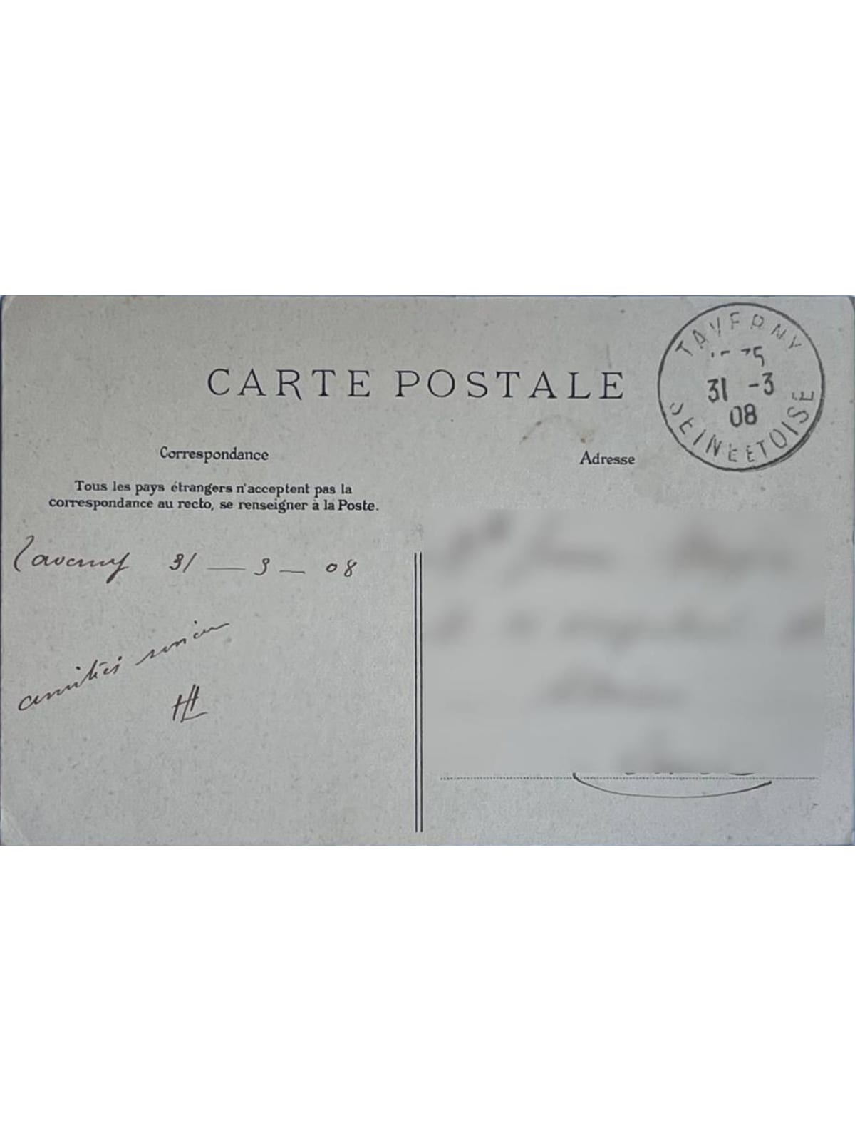 Verso de la carte postale