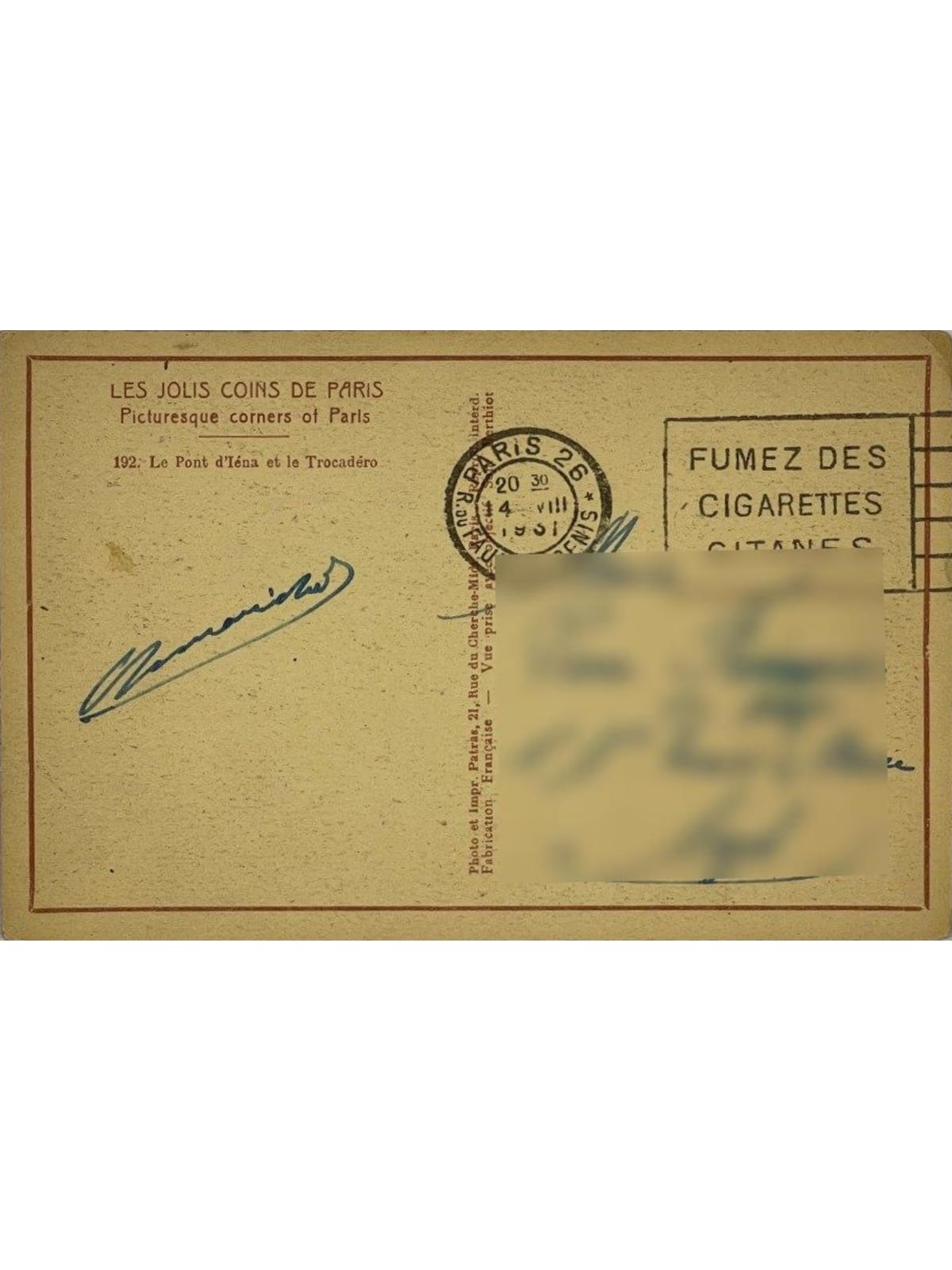 Verso de la carte postale