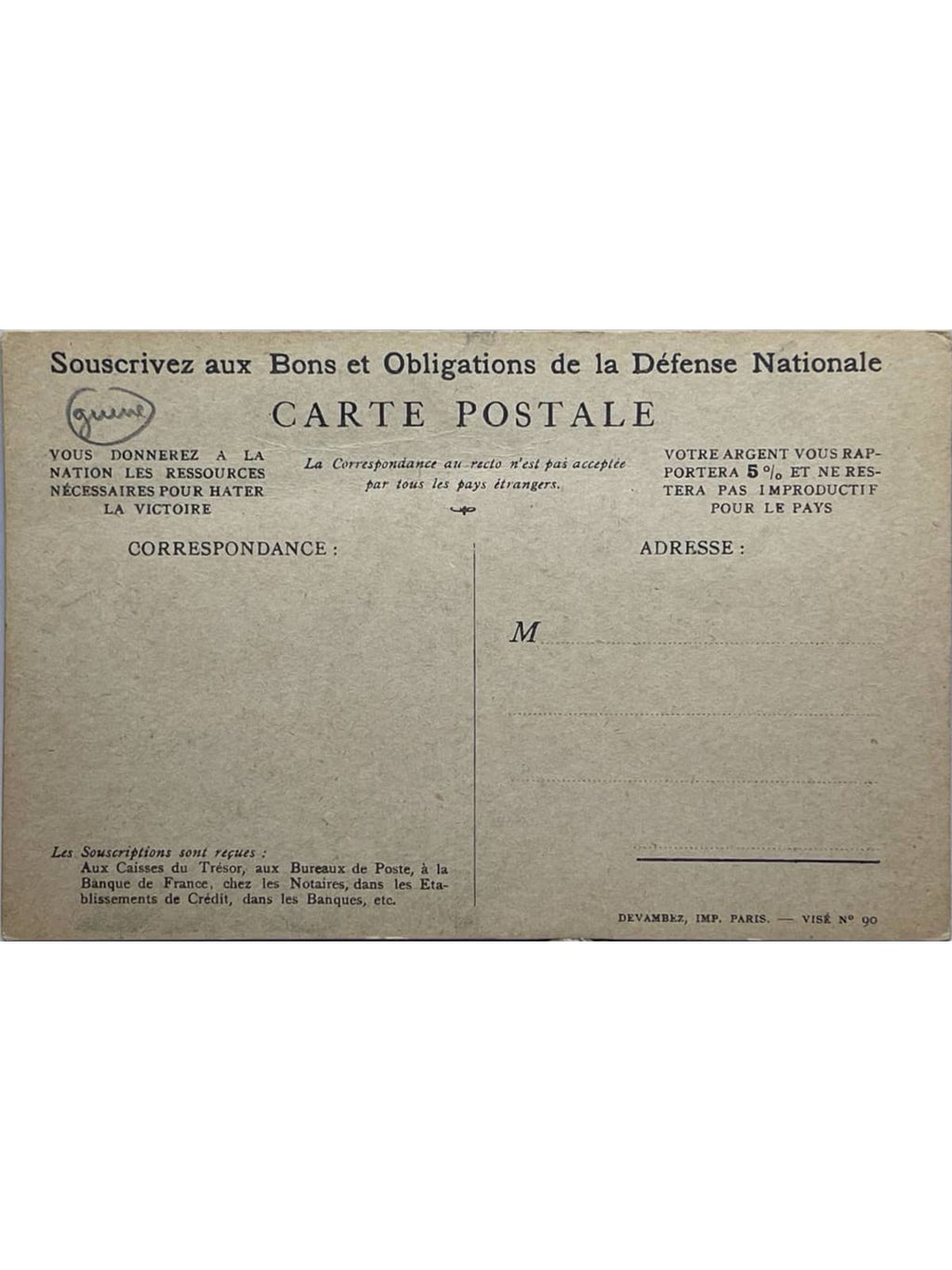 Verso de la carte postale