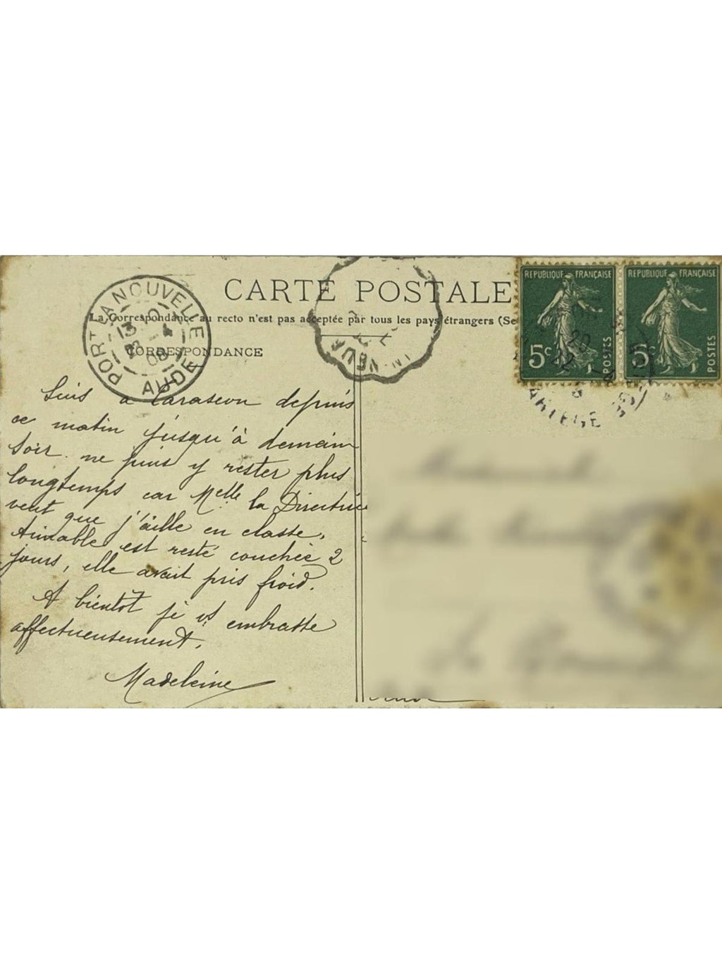Verso de la carte postale