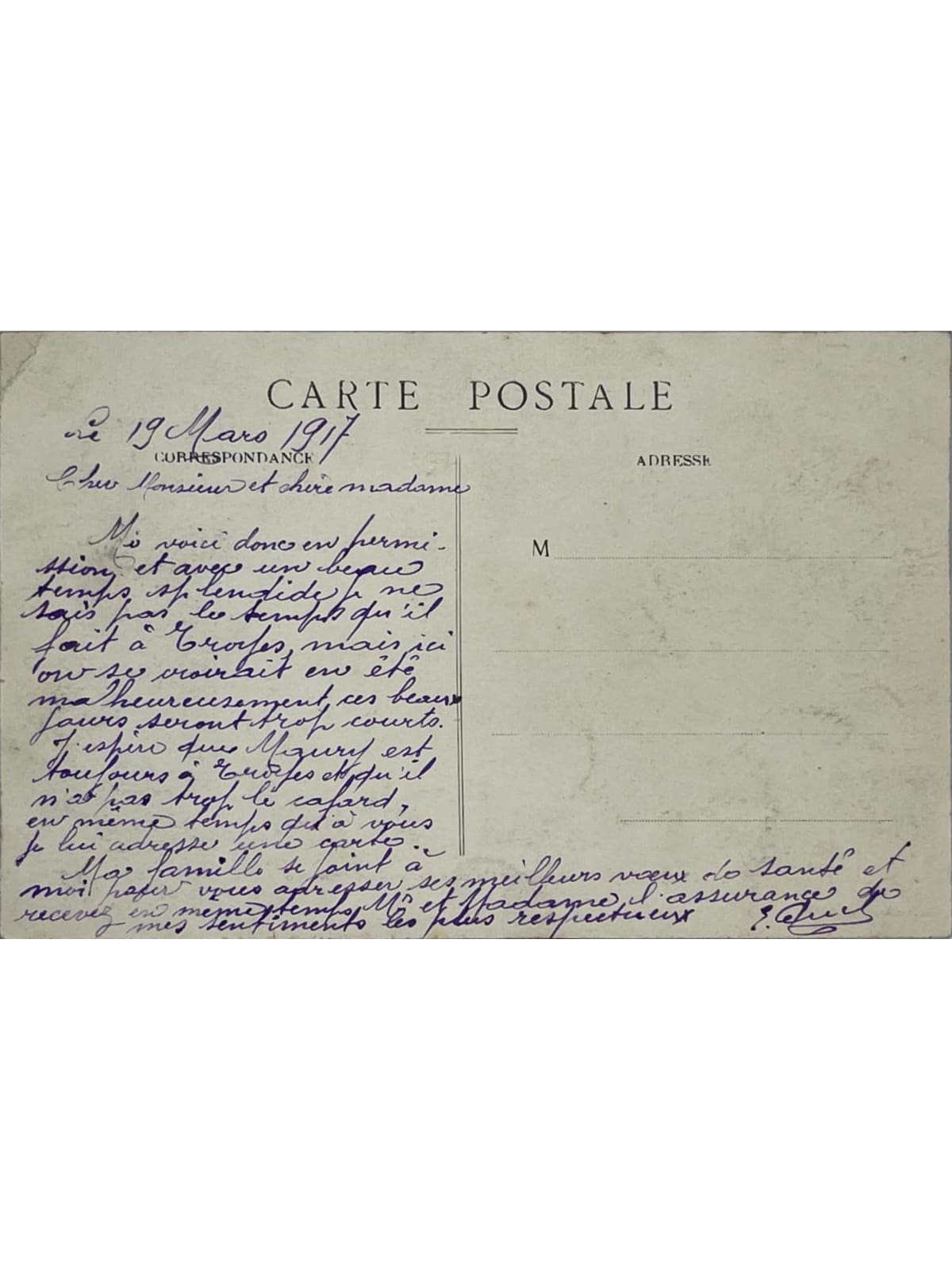 Verso de la carte postale