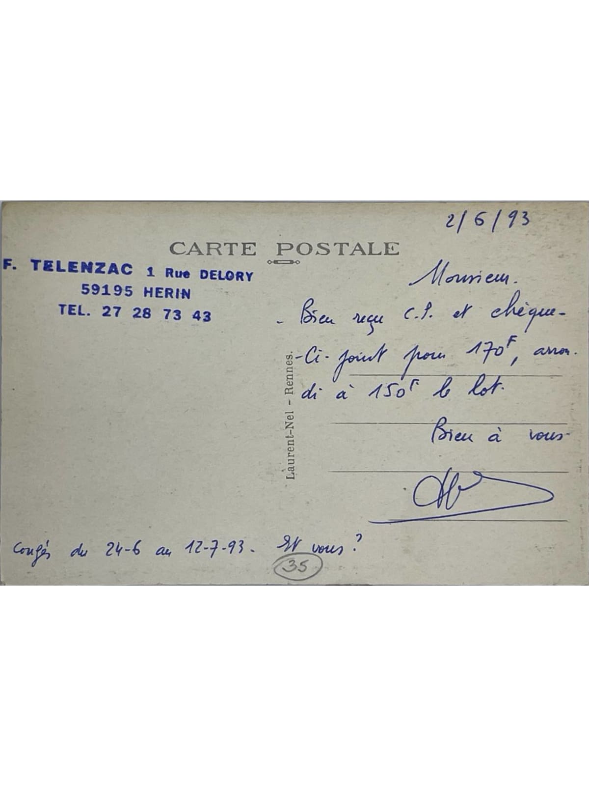 Verso de la carte postale