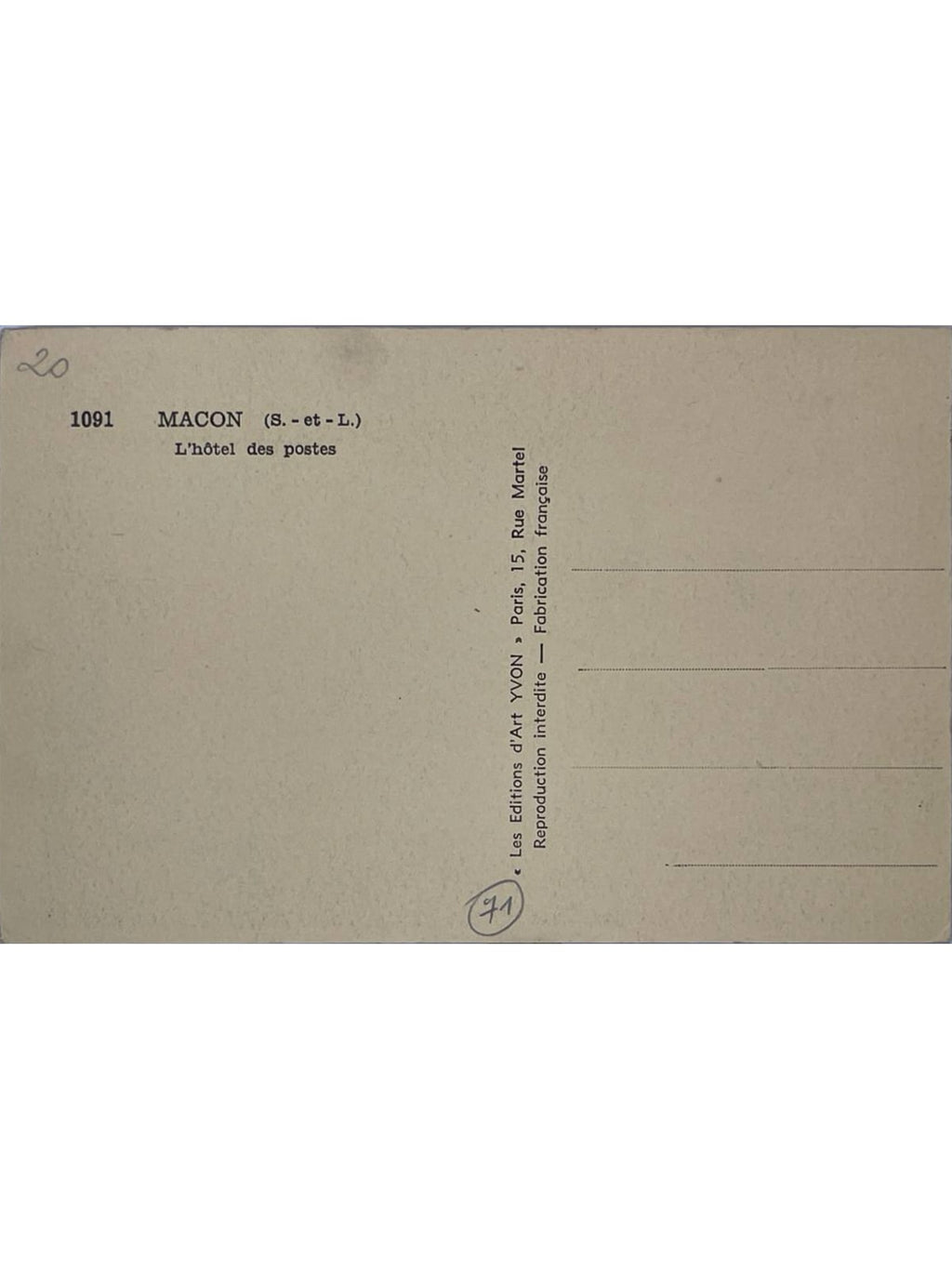 Verso de la carte postale