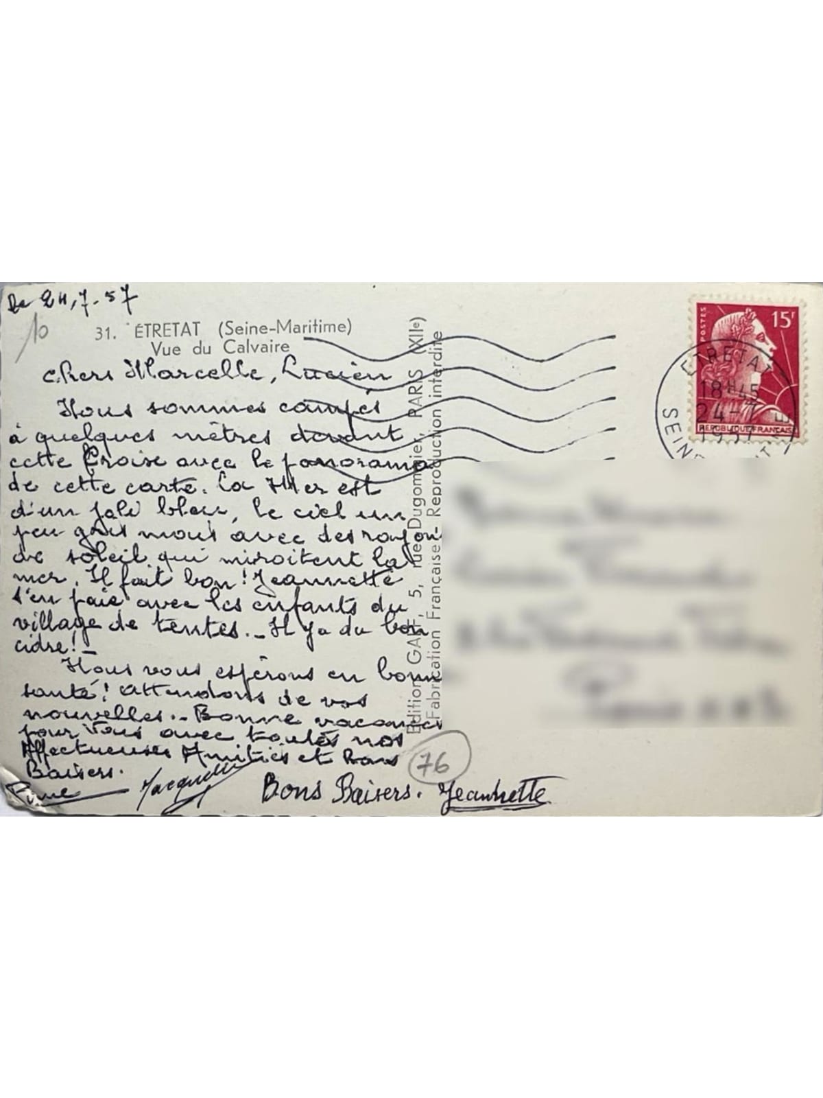 Verso de la carte postale