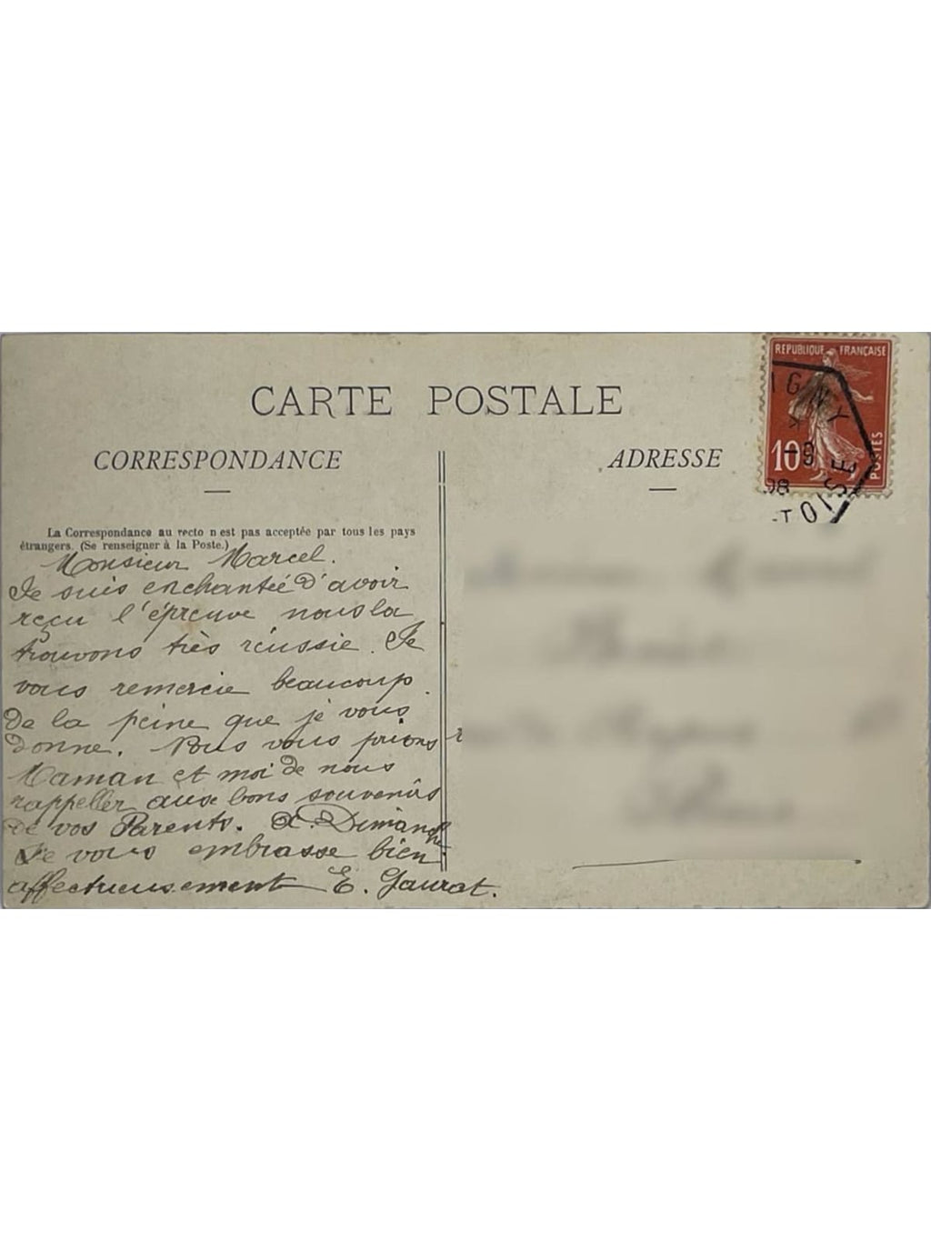 Verso de la carte postale