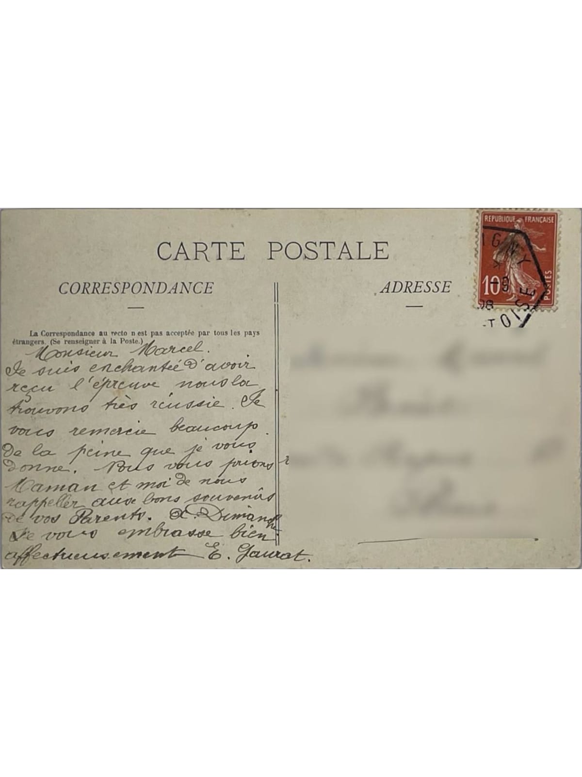 Verso de la carte postale