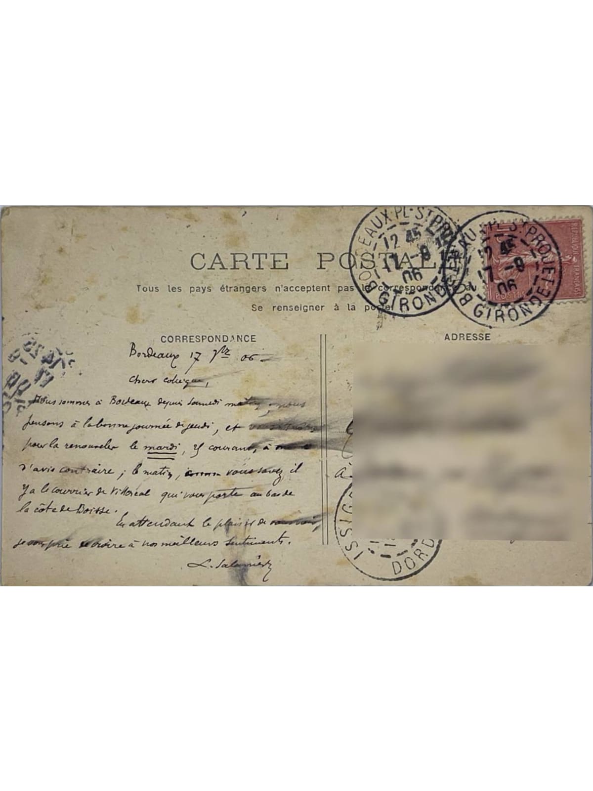 Verso de la carte postale