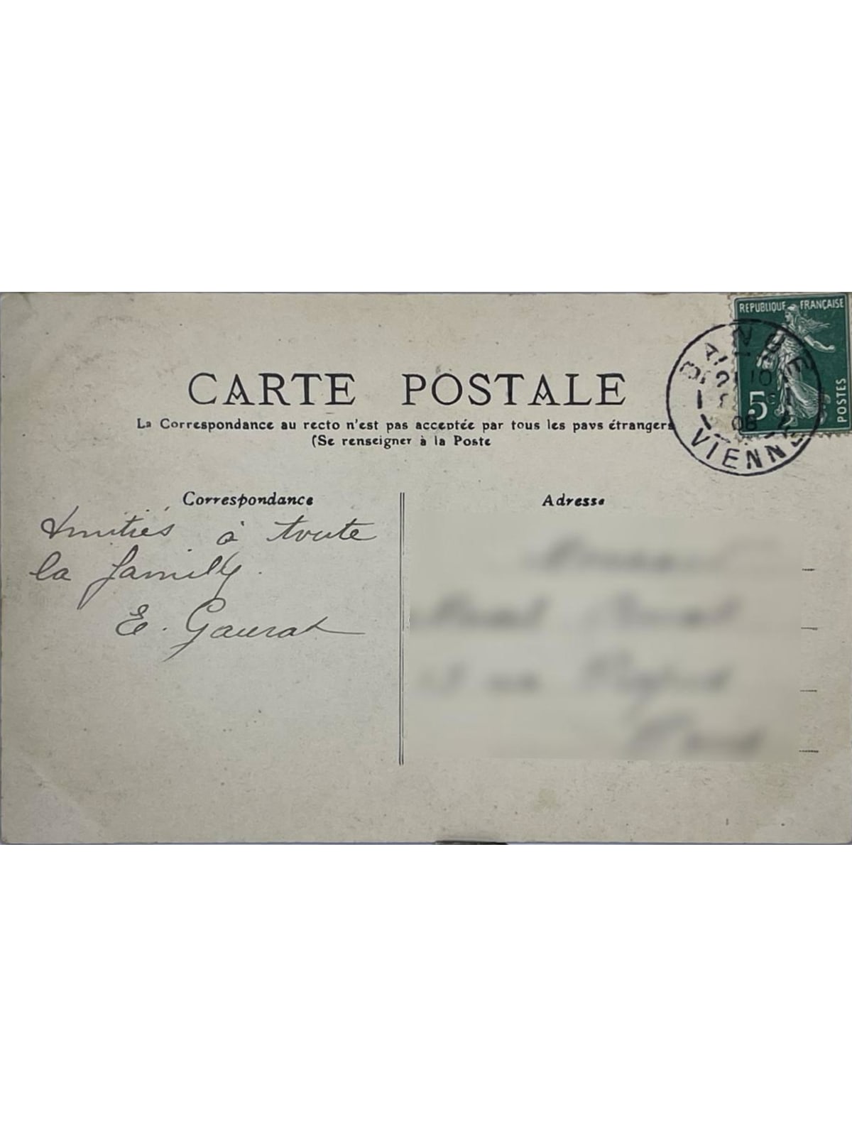 Verso de la carte postale