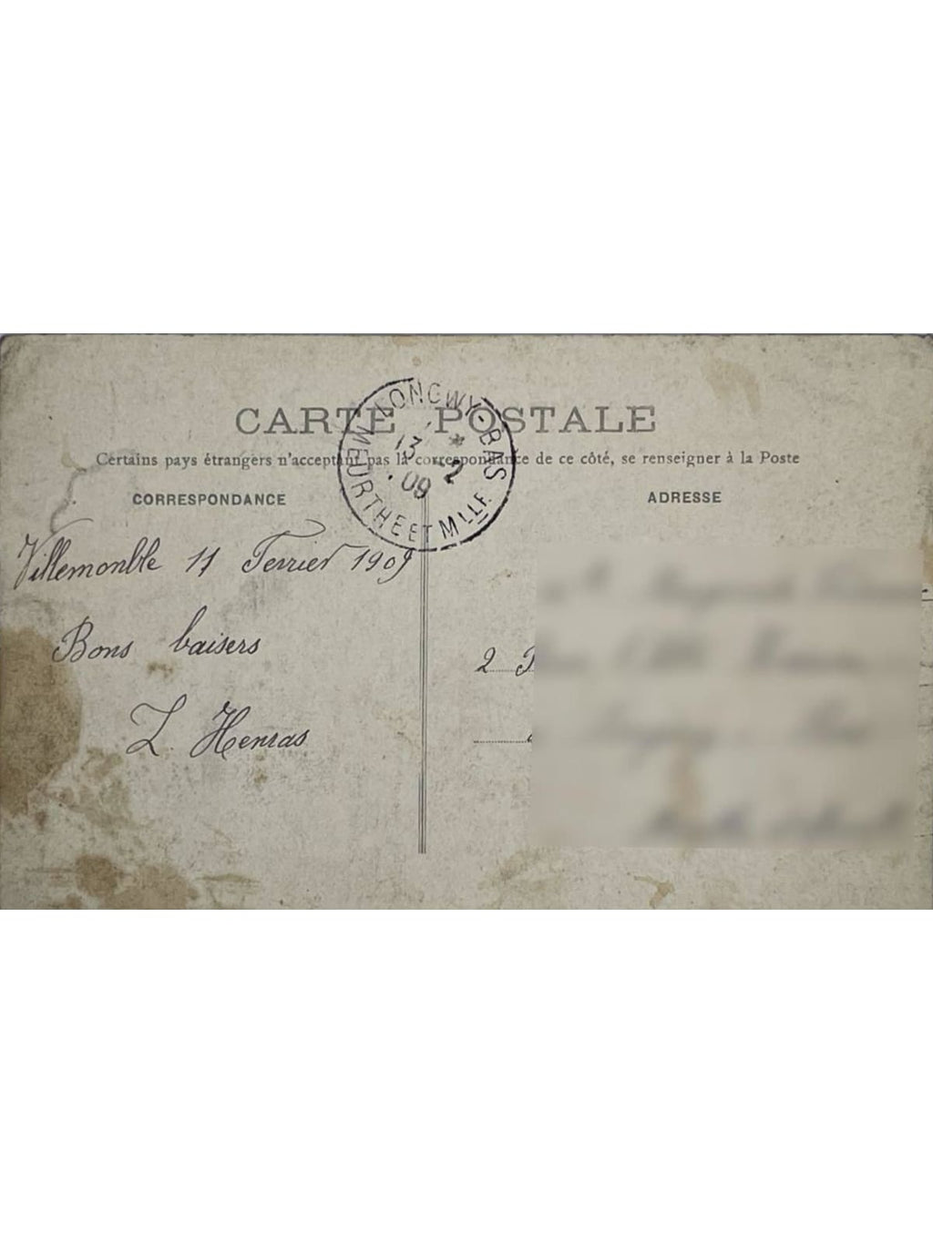 Verso de la carte postale