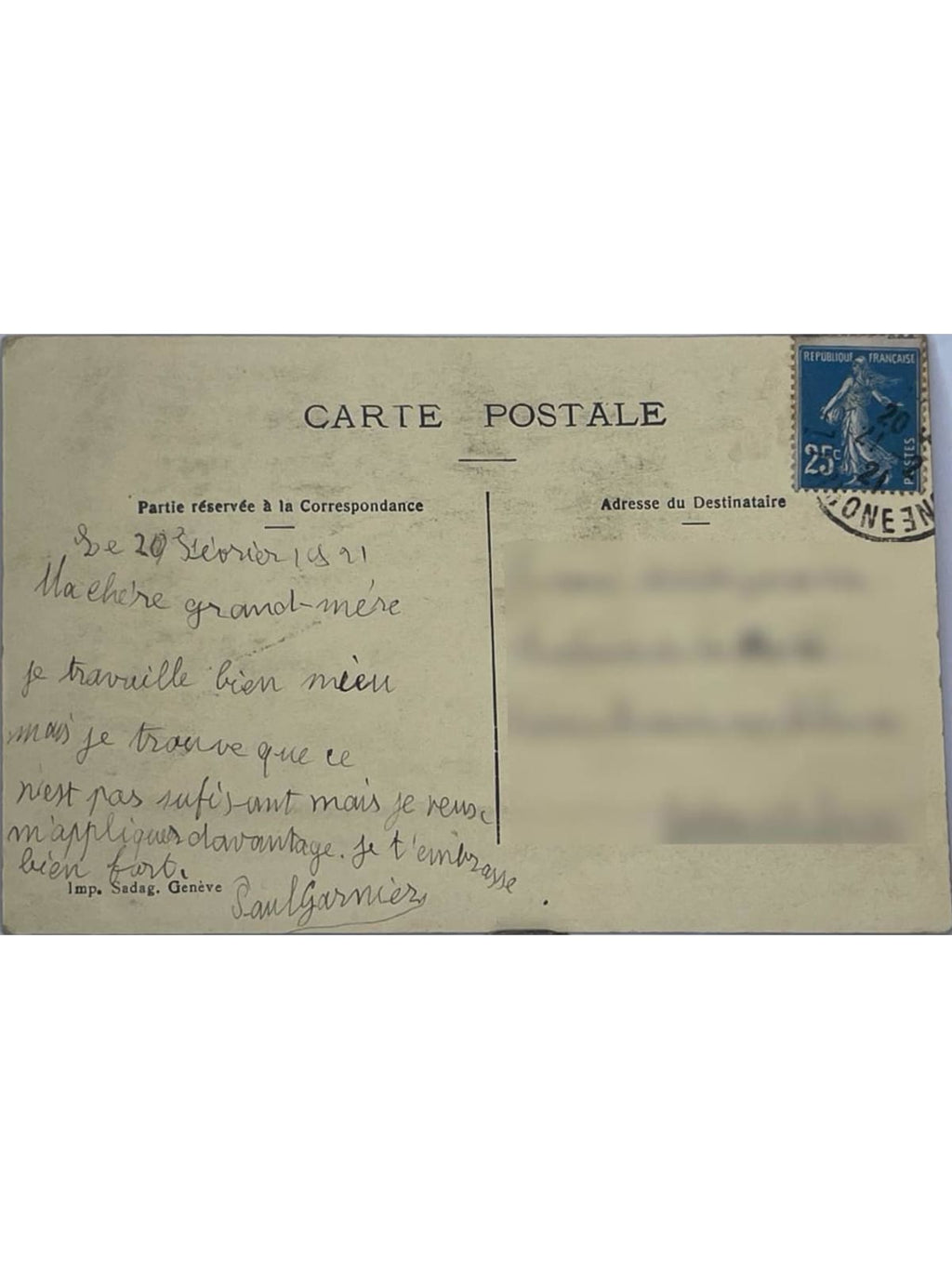 Verso de la carte postale
