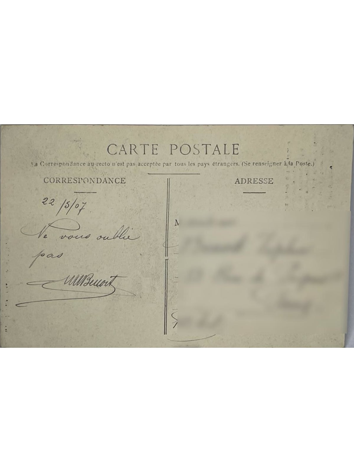 Verso de la carte postale