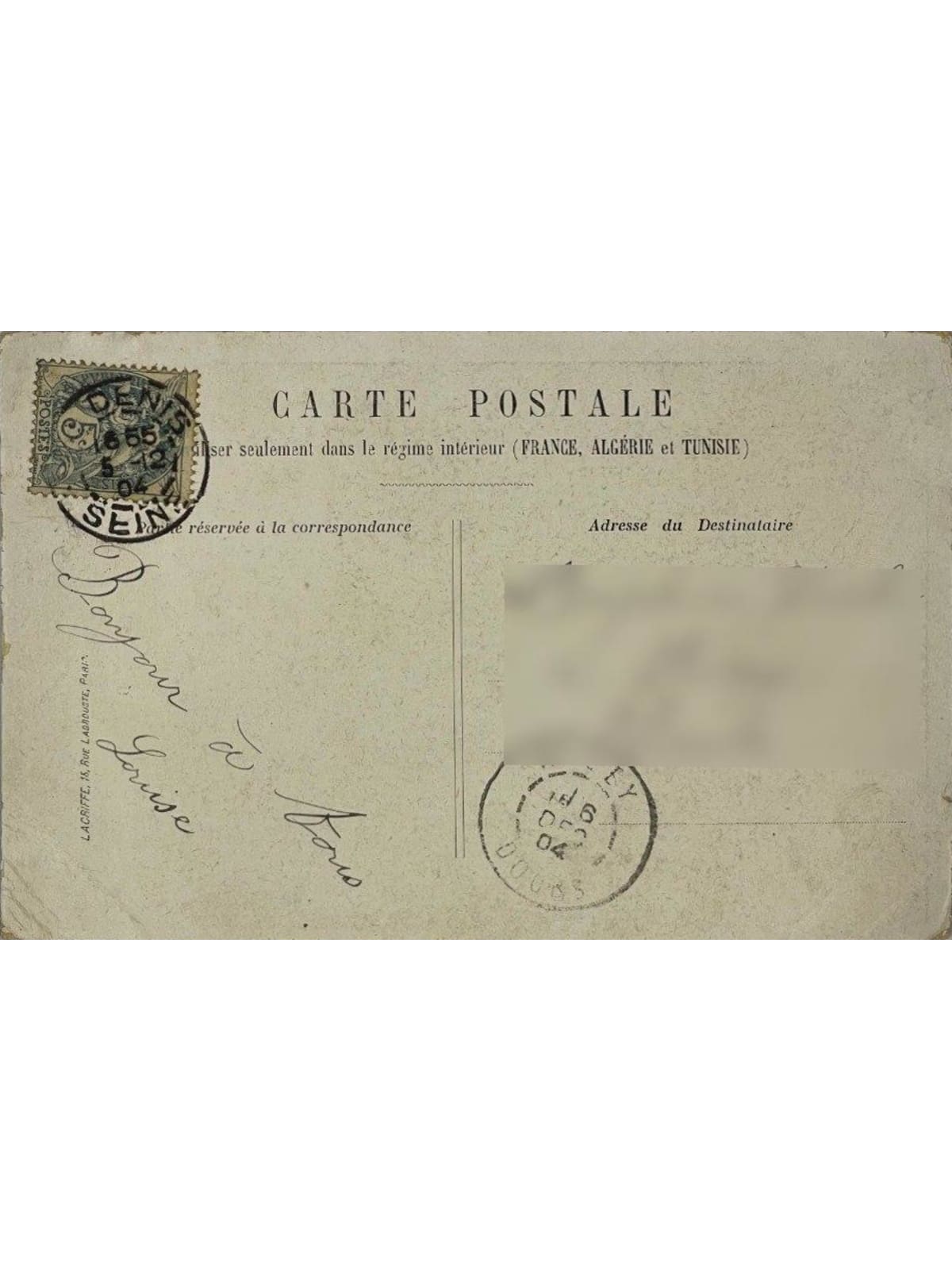 Verso de la carte postale