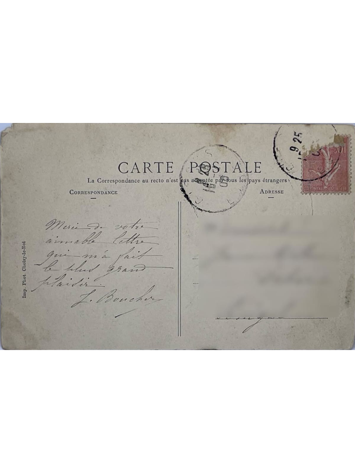 Verso de la carte postale