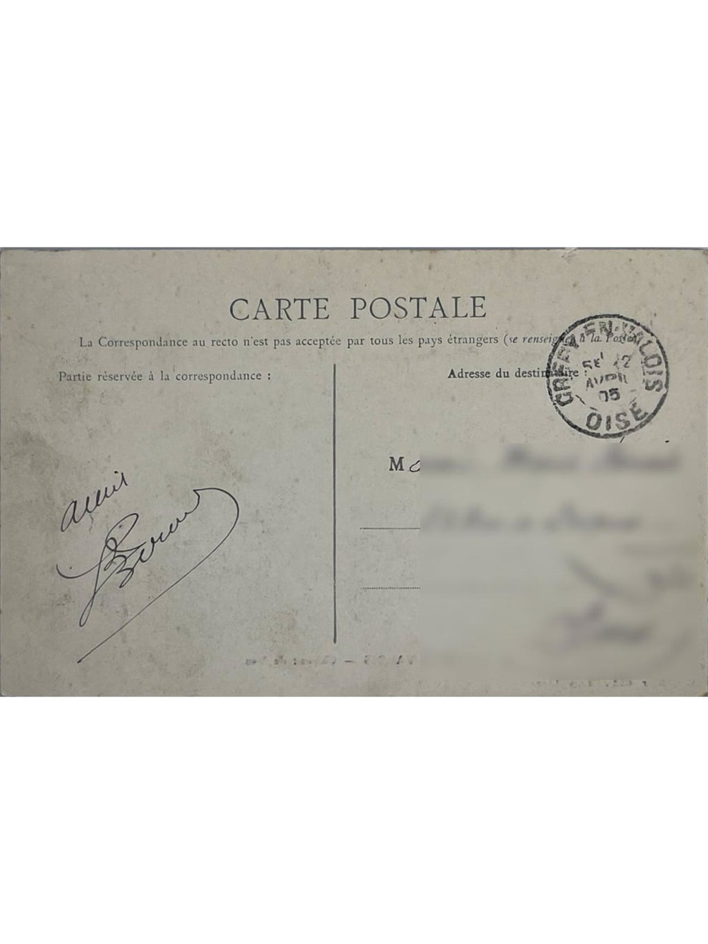 Verso de la carte postale