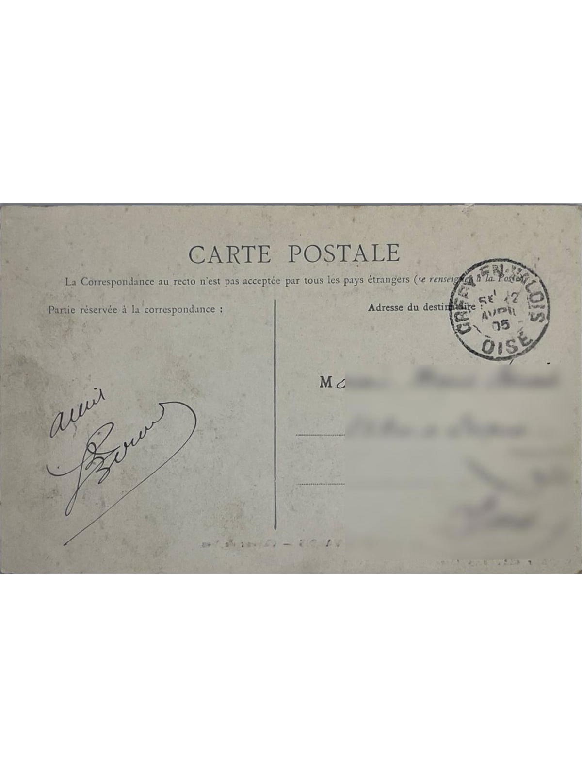 Verso de la carte postale