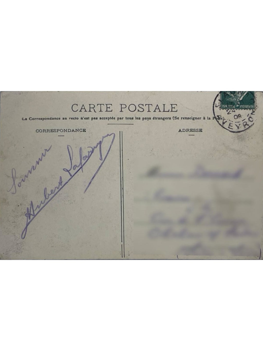 Verso de la carte postale