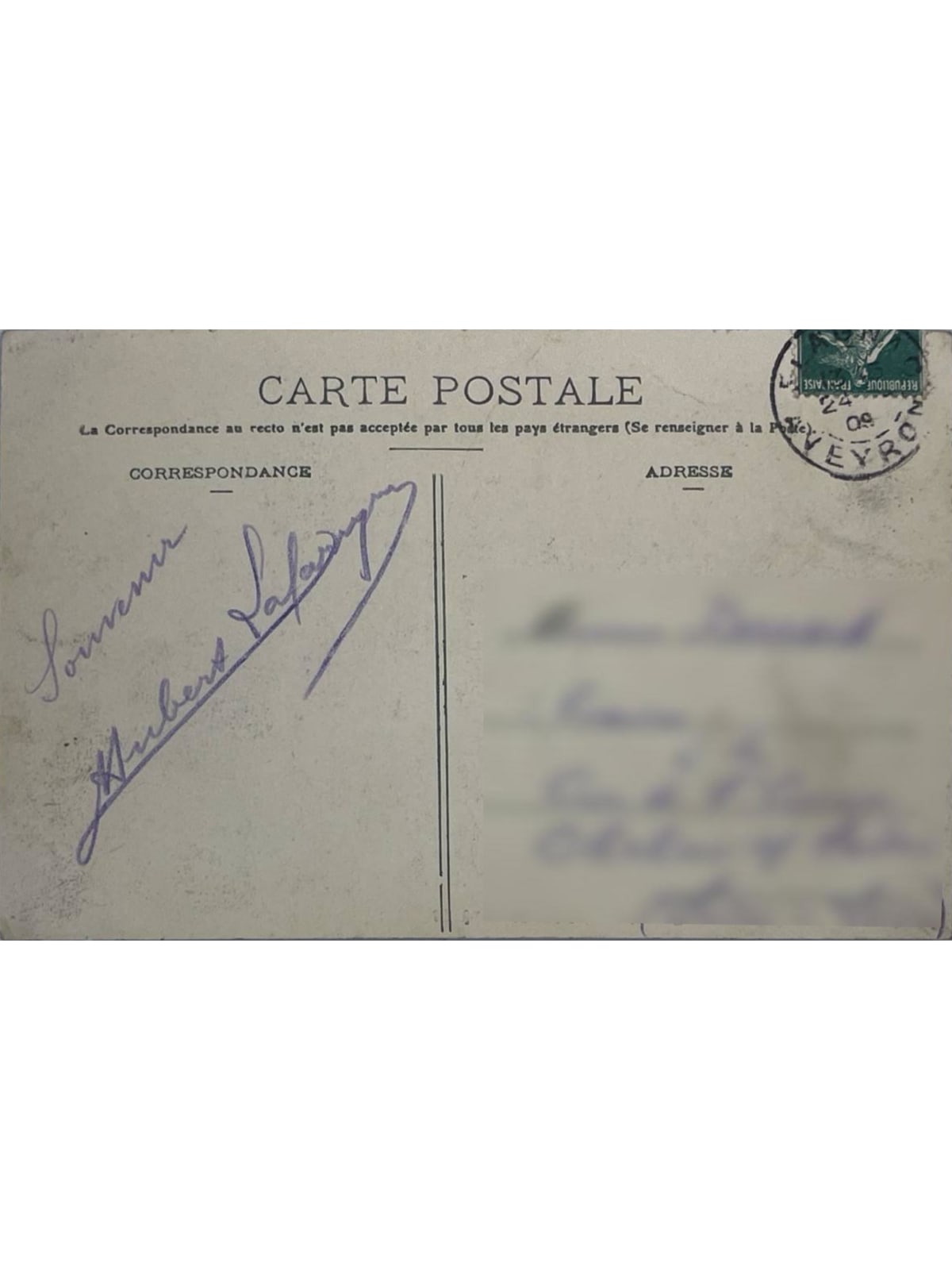 Verso de la carte postale
