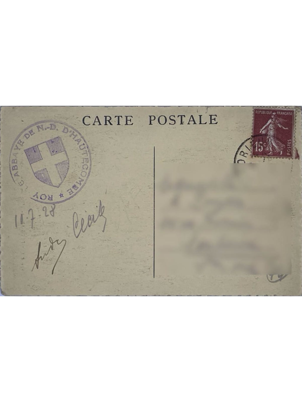 Verso de la carte postale