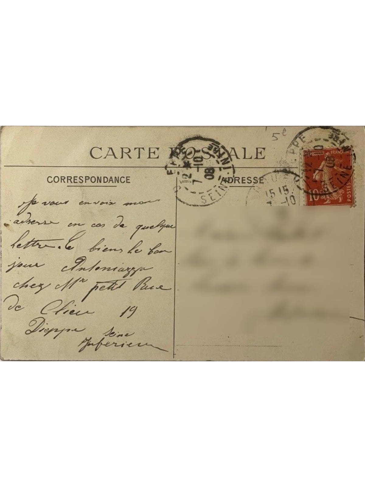 Verso de la carte postale