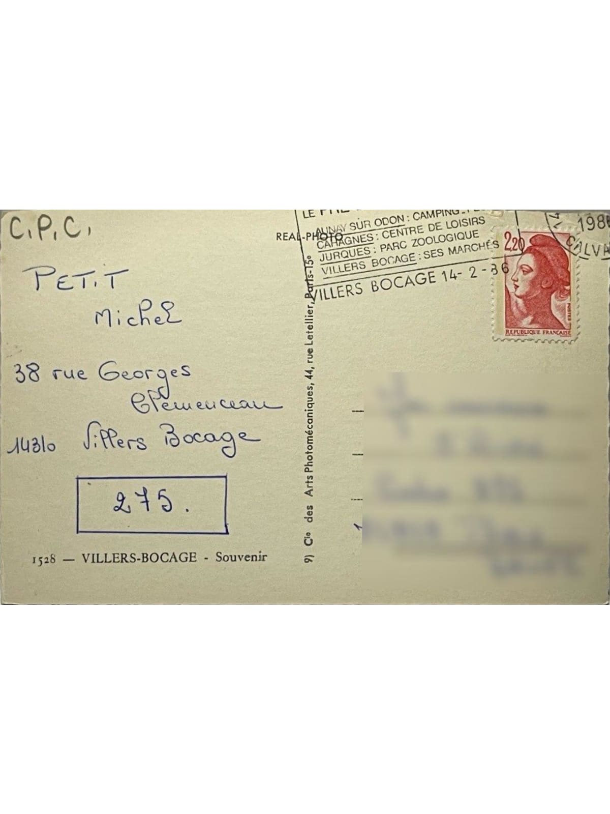 Verso de la carte postale