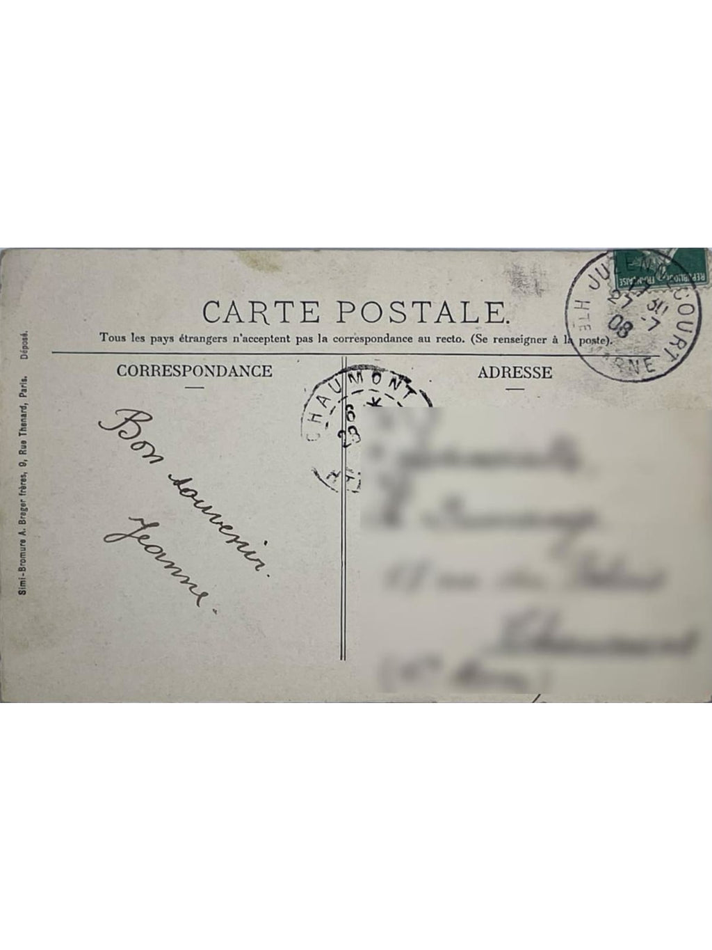 Verso de la carte postale
