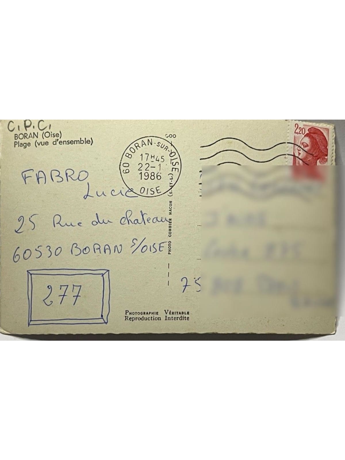 Verso de la carte postale