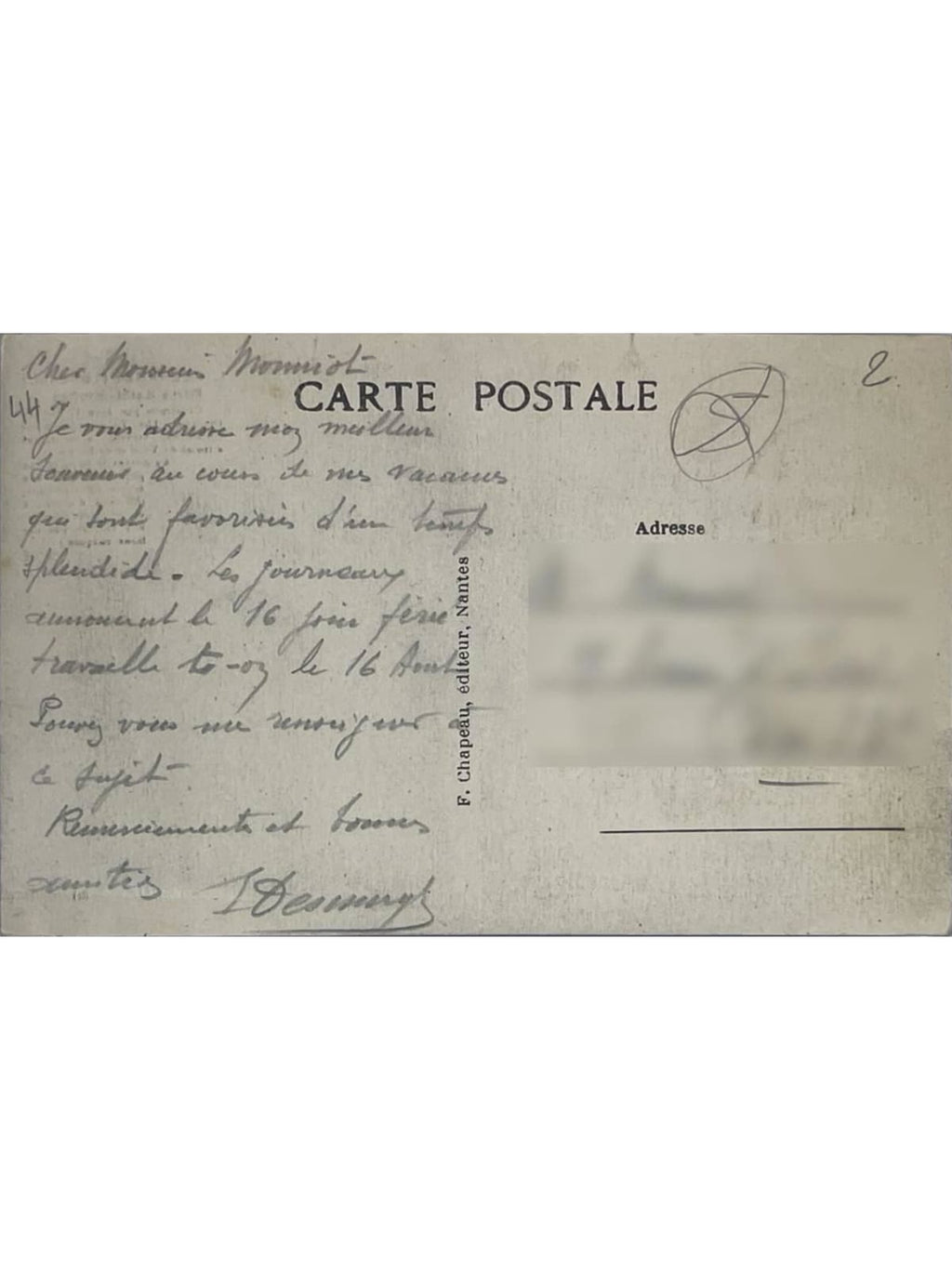 Verso de la carte postale