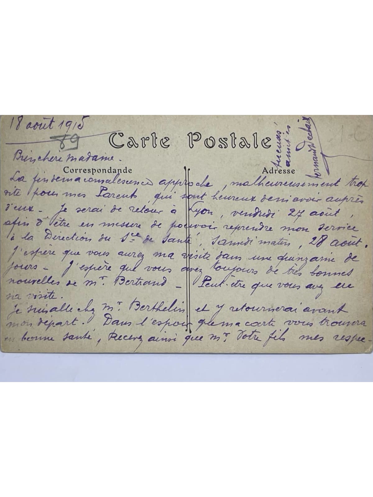 Verso de la carte postale