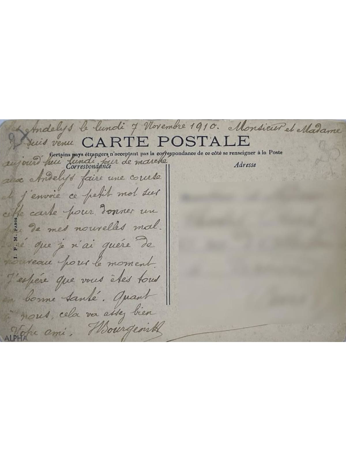 Verso de la carte postale
