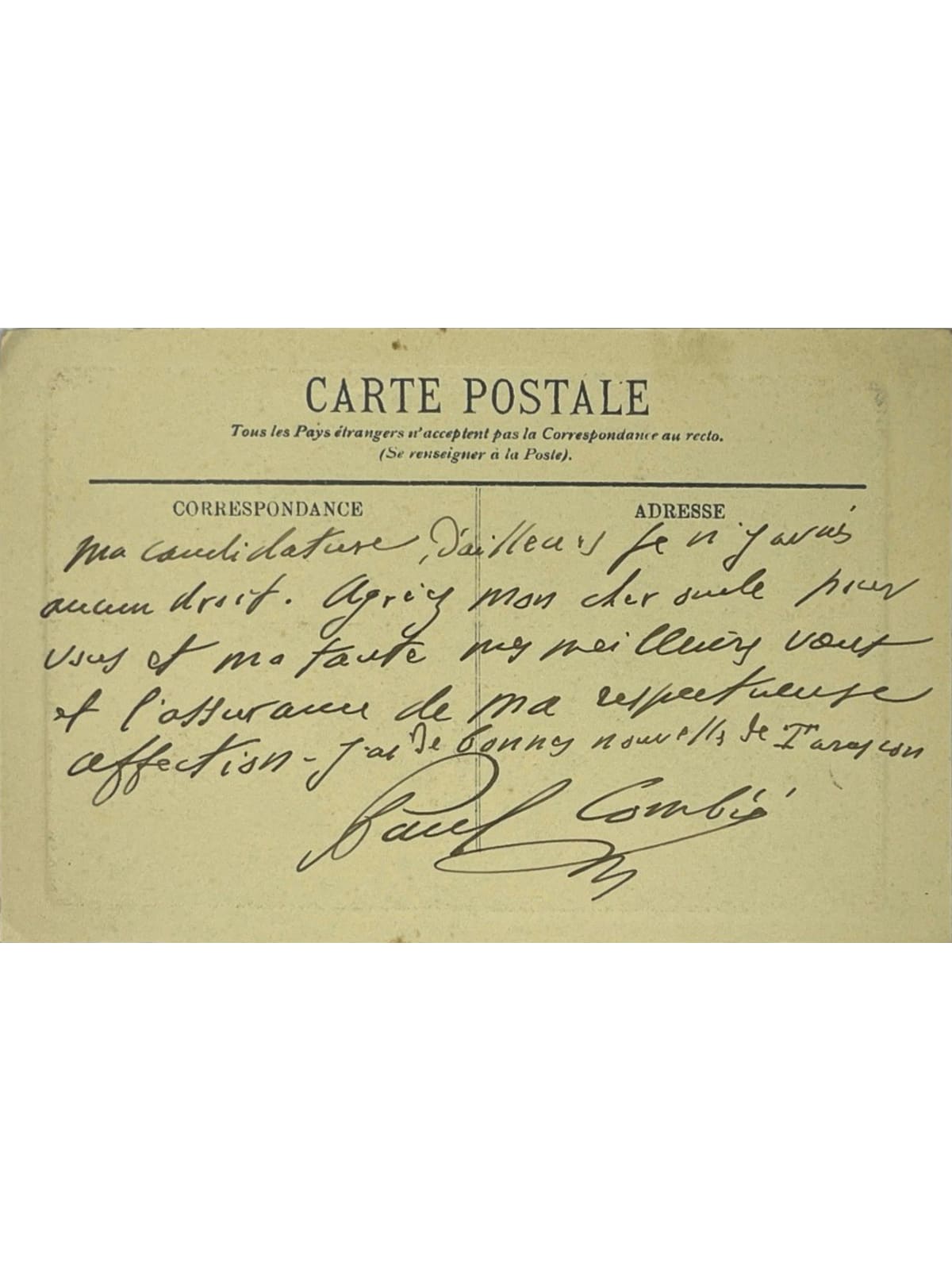 Verso de la carte postale