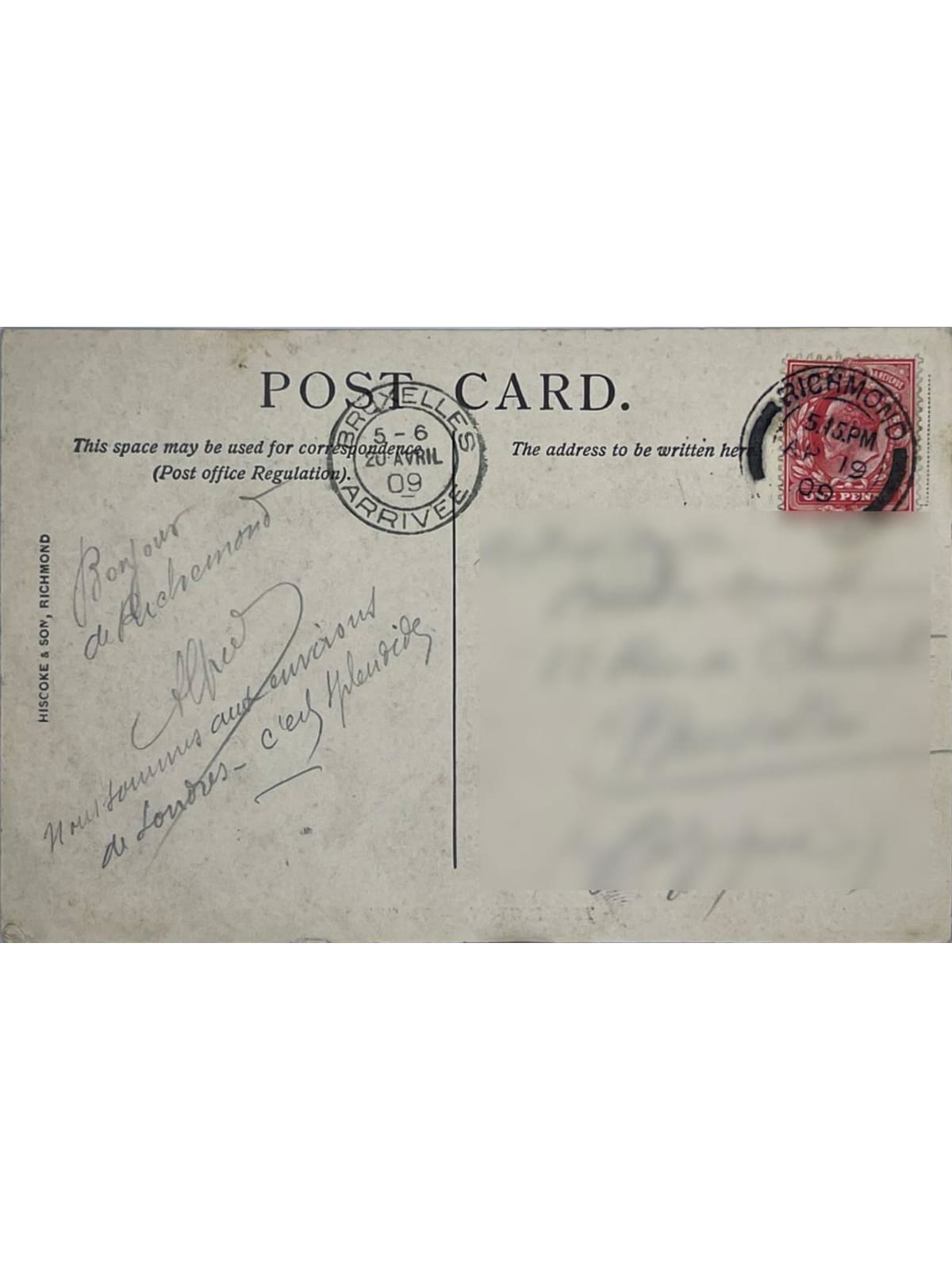 Verso de la carte postale