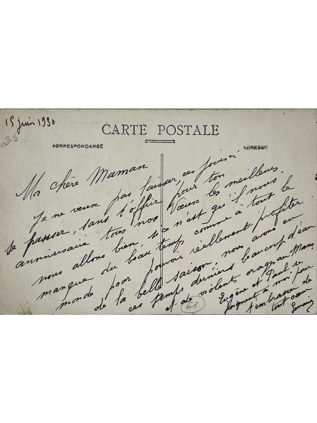 Verso de la carte postale