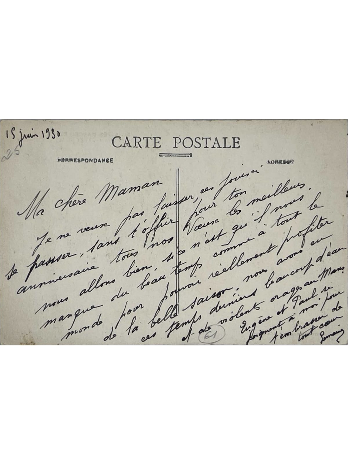 Verso de la carte postale