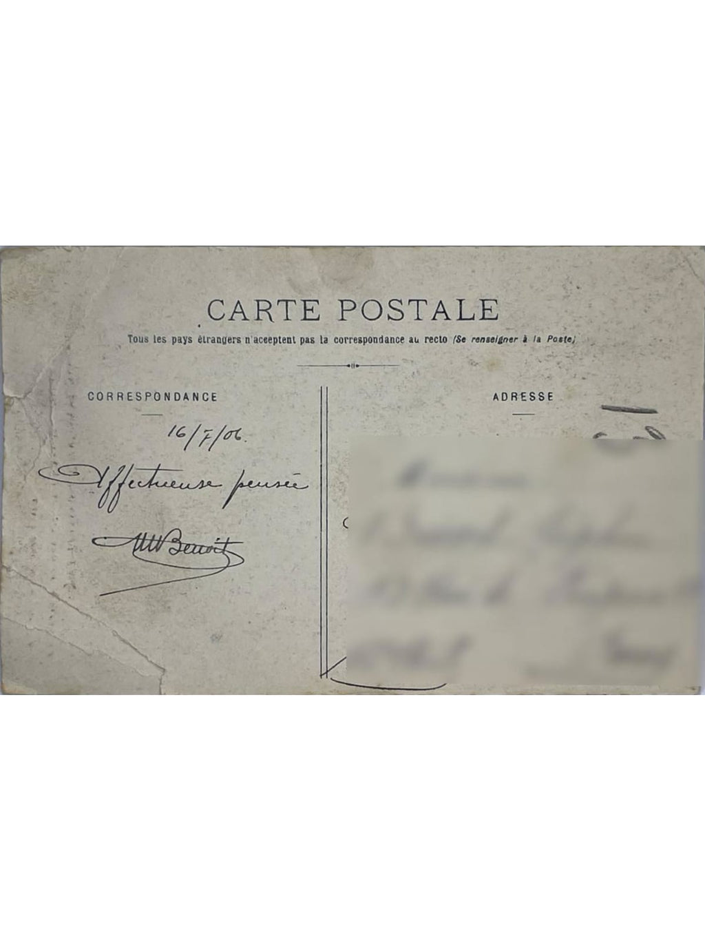 Verso de la carte postale