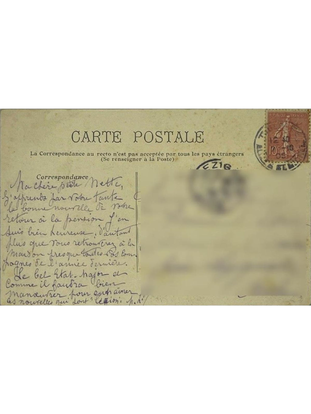 Verso de la carte postale