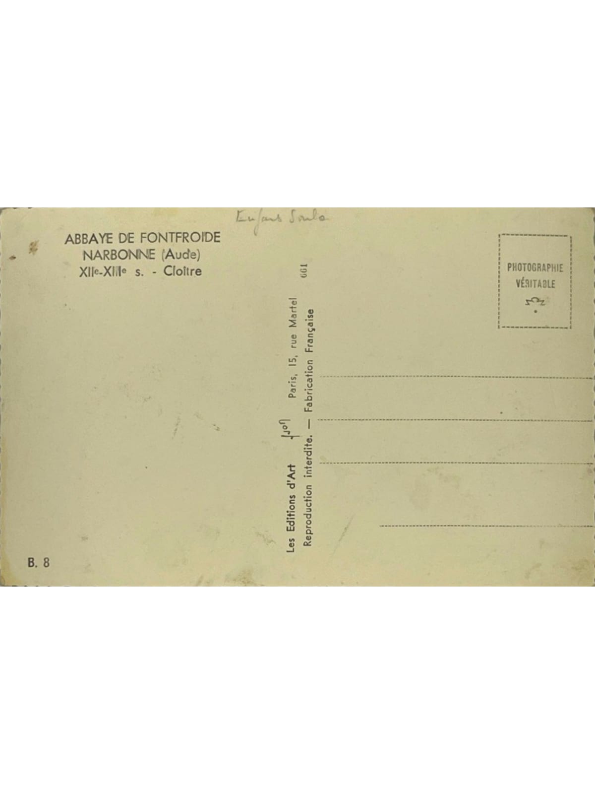 Verso de la carte postale
