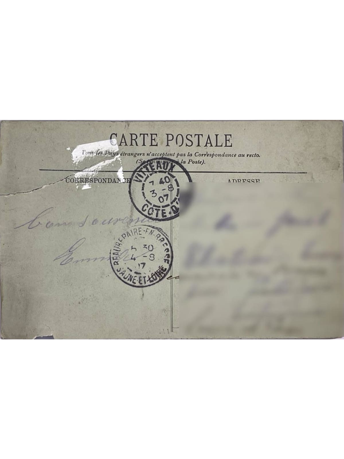 Verso de la carte postale