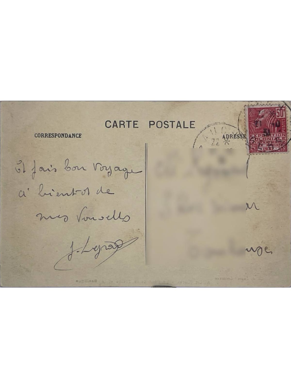Verso de la carte postale
