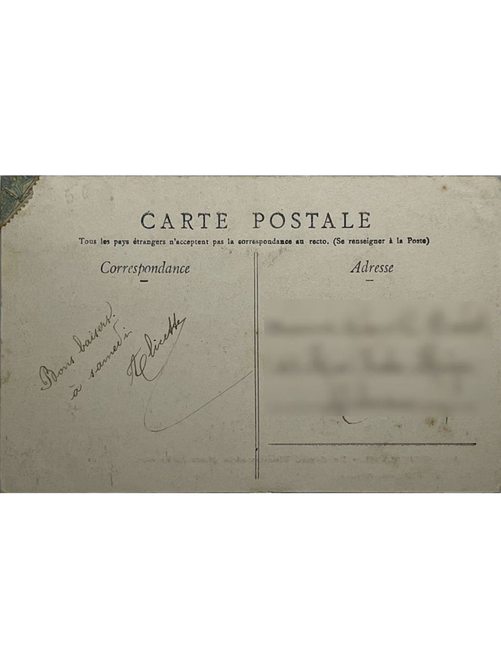 Verso de la carte postale