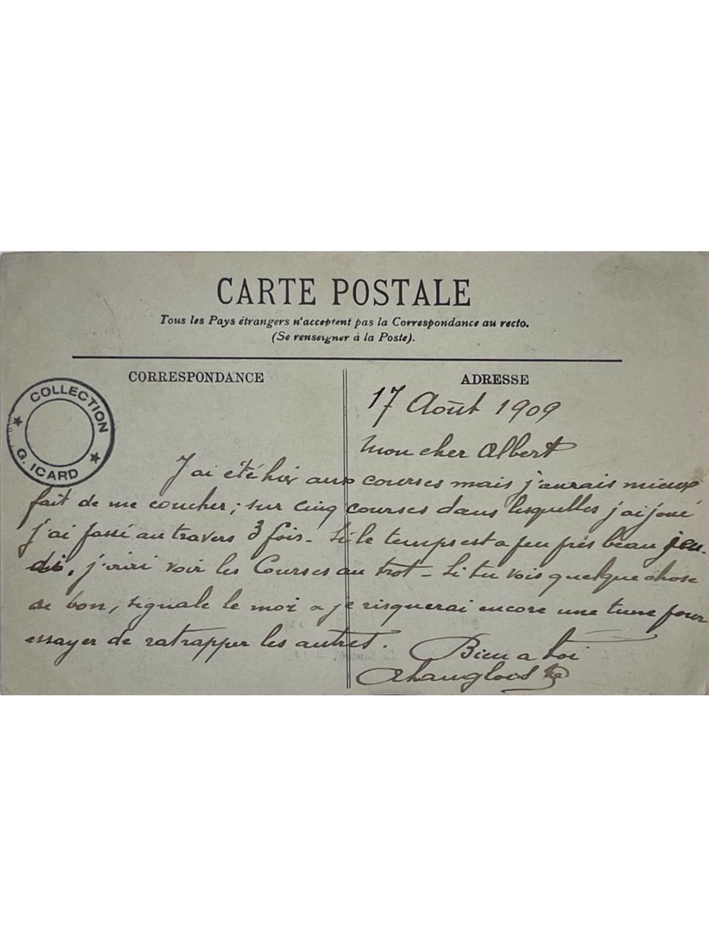 Verso de la carte postale