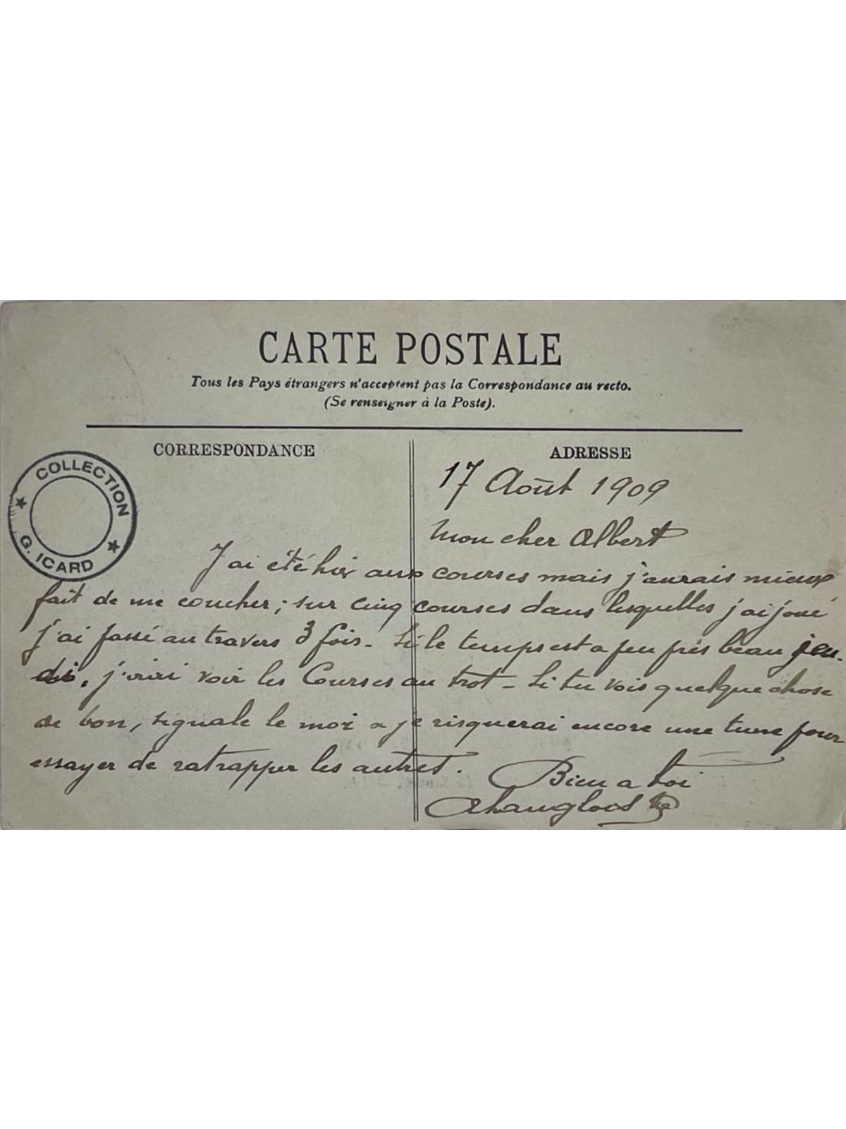 Verso de la carte postale