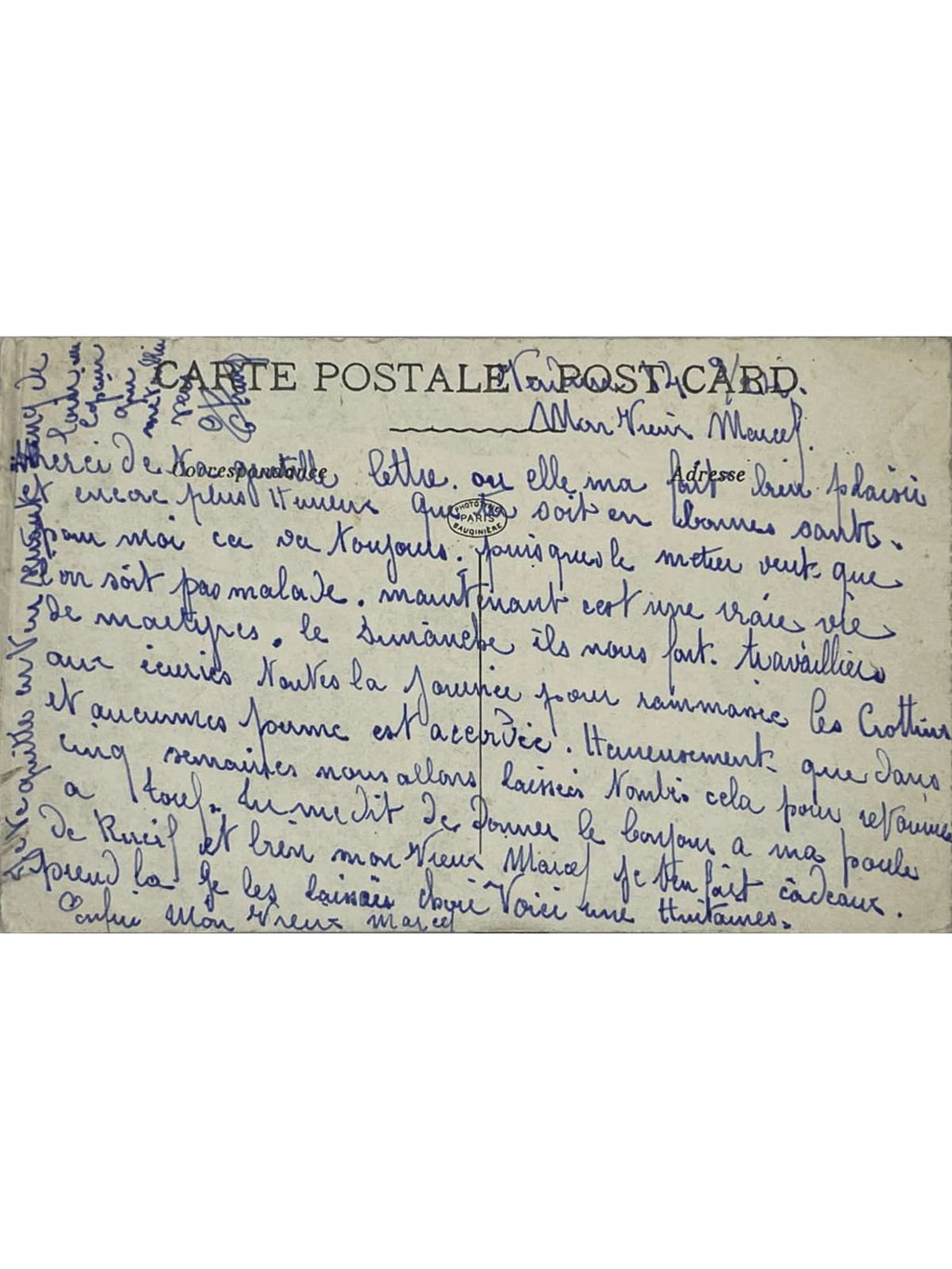 Verso de la carte postale