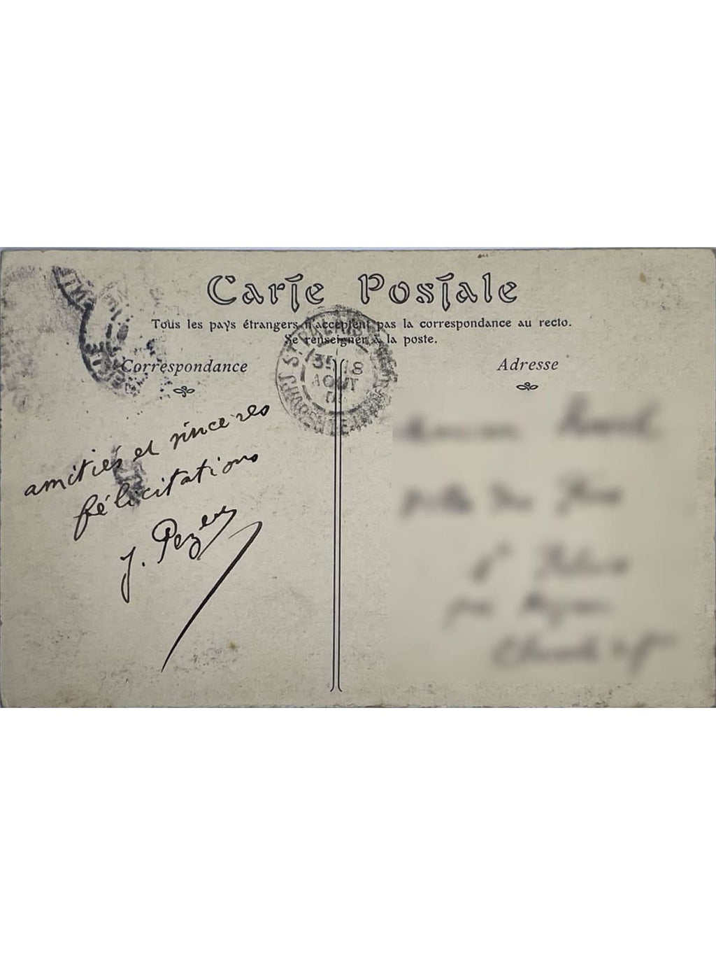 Verso de la carte postale