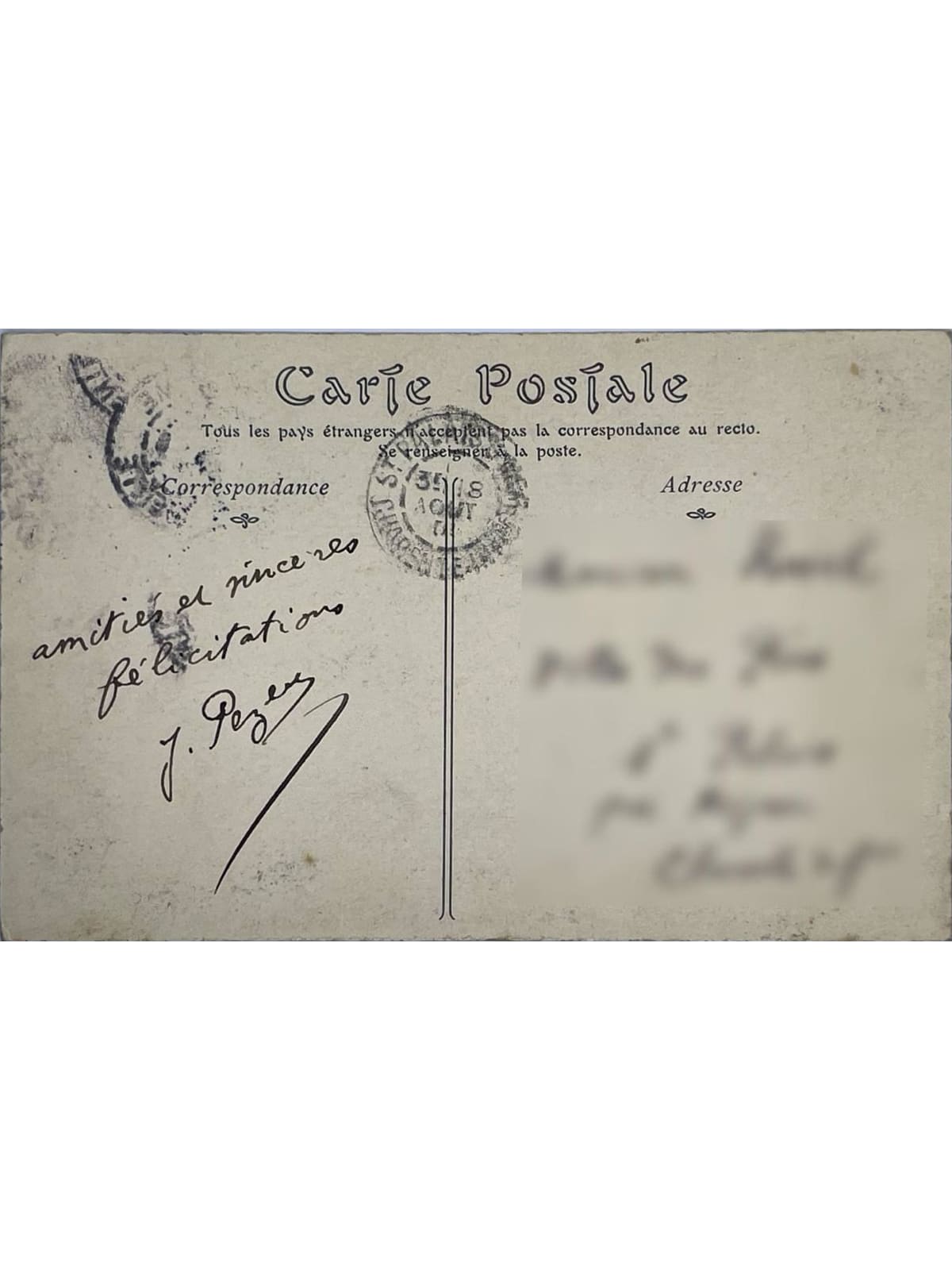 Verso de la carte postale