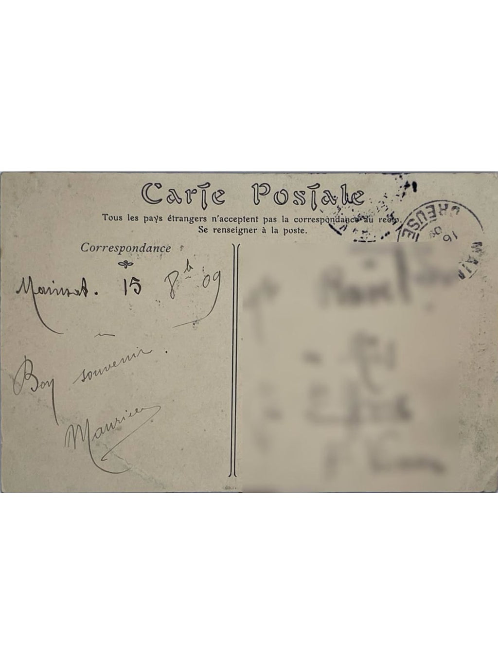 Verso de la carte postale