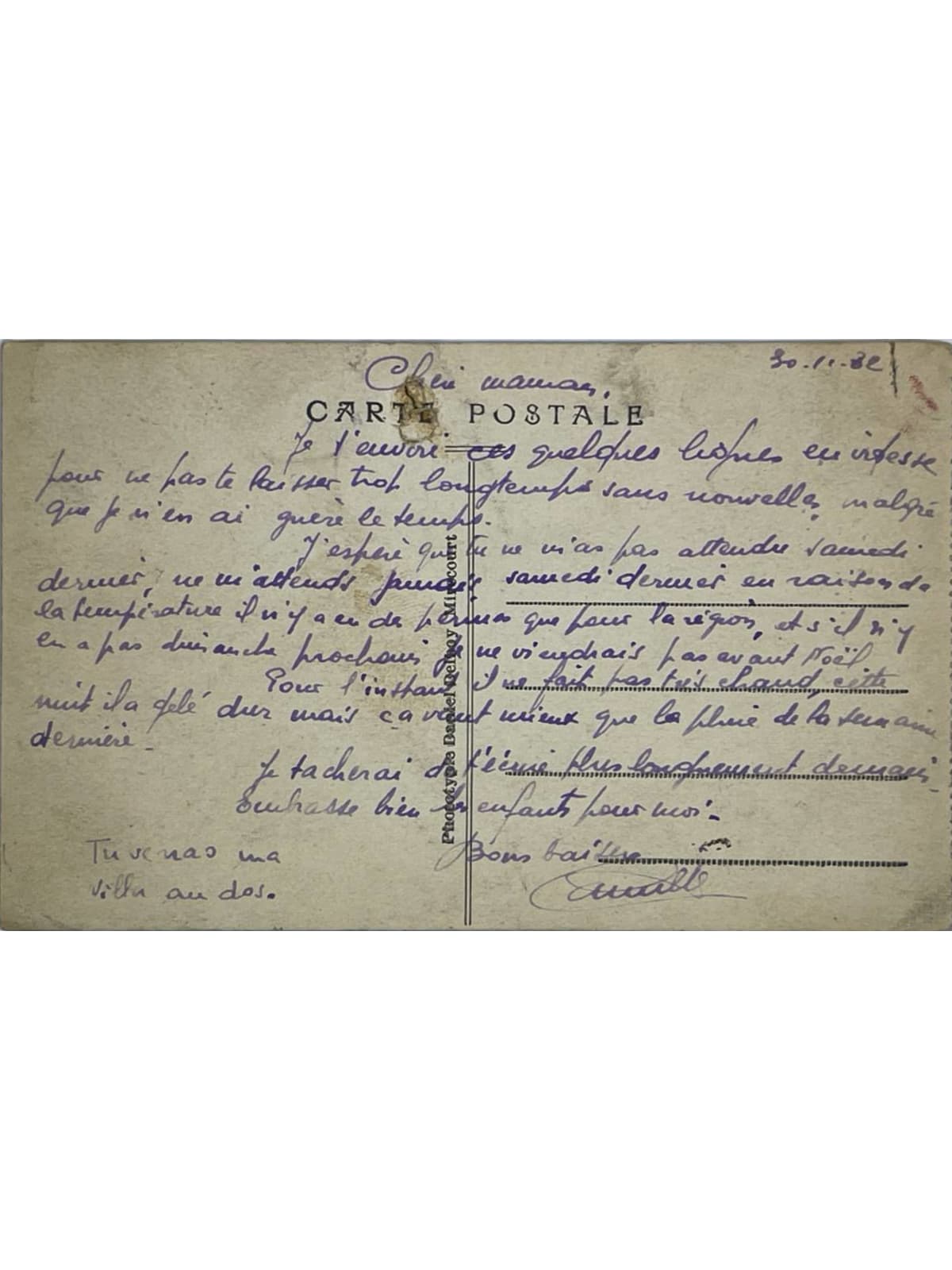 Verso de la carte postale