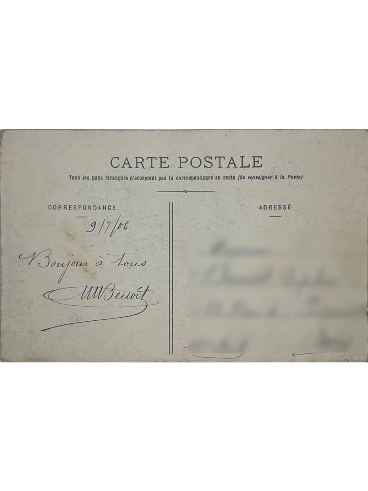 Verso de la carte postale