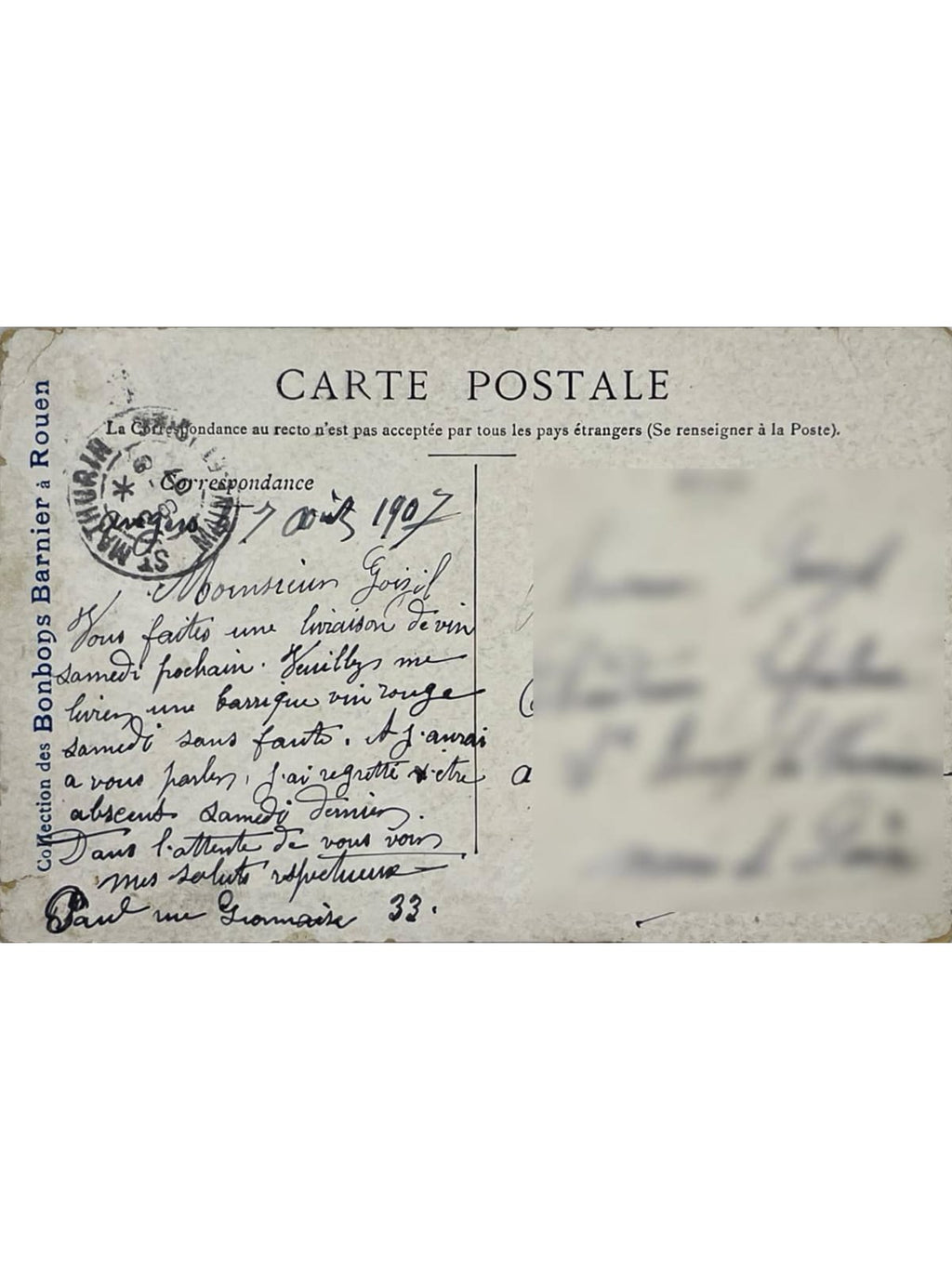 Verso de la carte postale