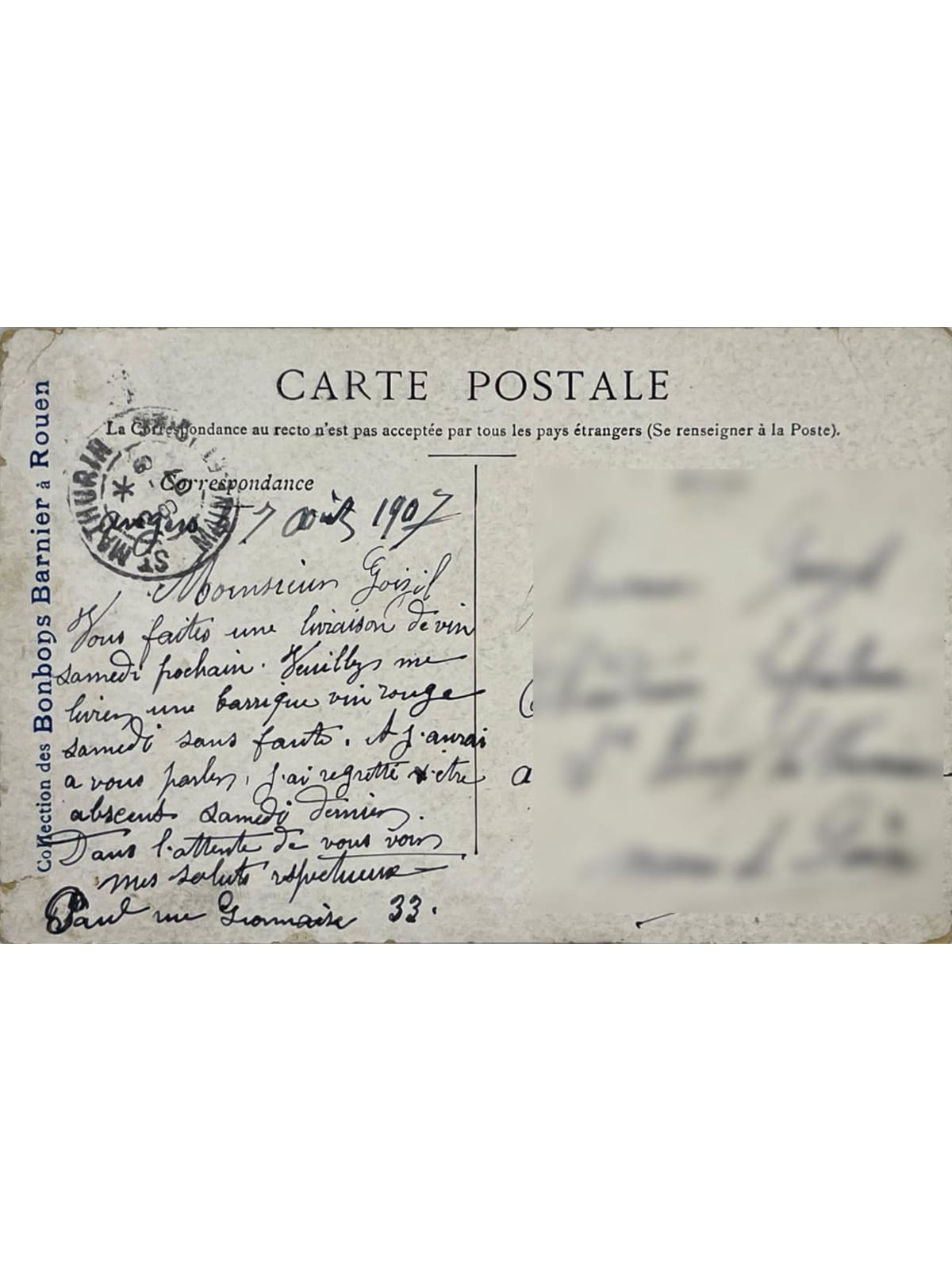 Verso de la carte postale