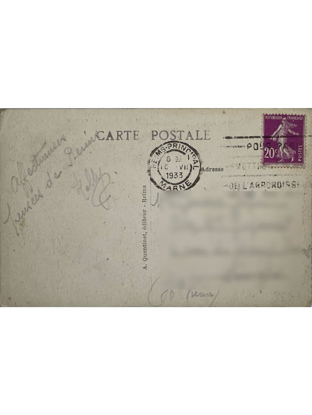 Verso de la carte postale